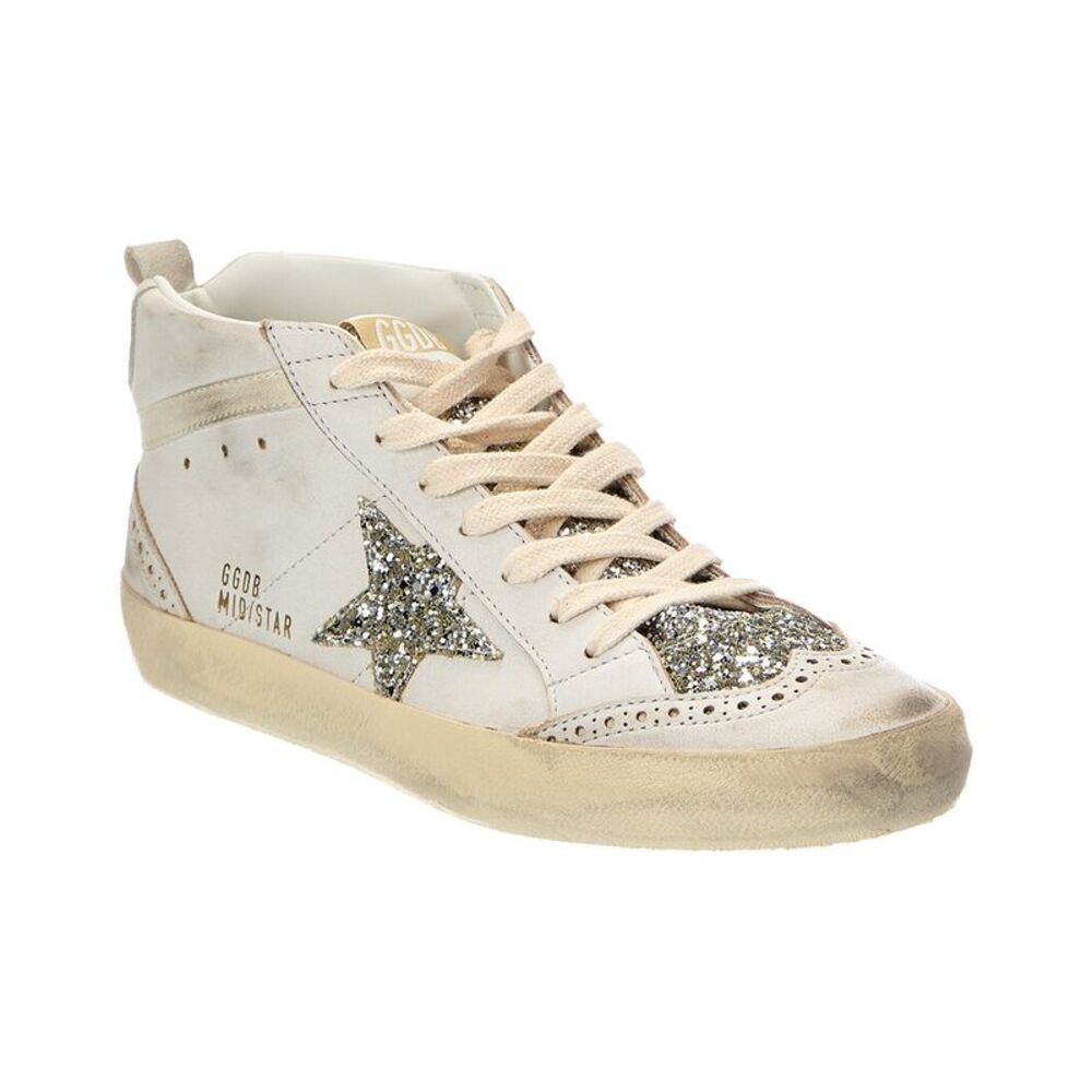 Golden Goose Mid Star Classic Glitter Leather & Suede Sneaker, White